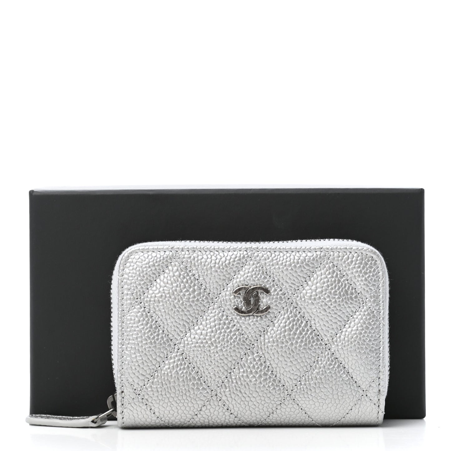 Metallic Caviar Quilted Zip Coin Purse Silver
