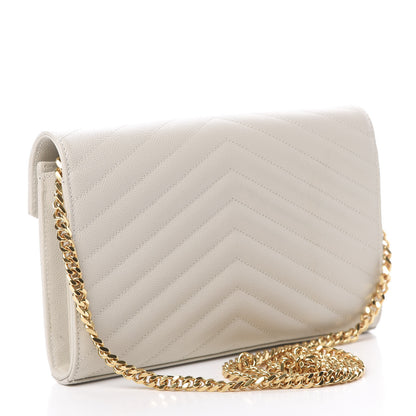 Saint Laurent Grain De Poudre Matelasse Chevron Monogram Chain Wallet Crema Soft 3 of 12