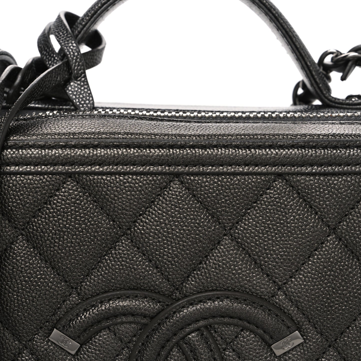 Metallic Caviar Quilted Medium CC Filigree Vanity Case Dark Silver