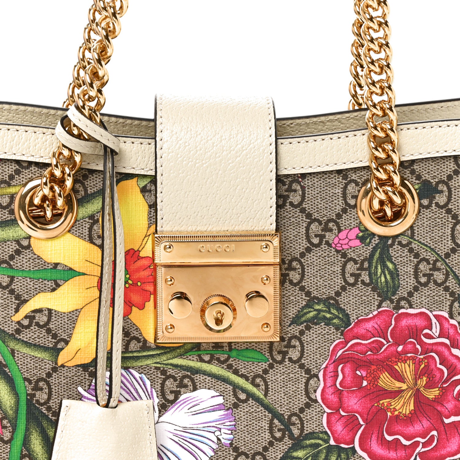 Gucci GG Supreme Monogram Flora Textured Calfskin Small Padlock Tote Beige Ebony Multicolor Mystic White 8 of 11
