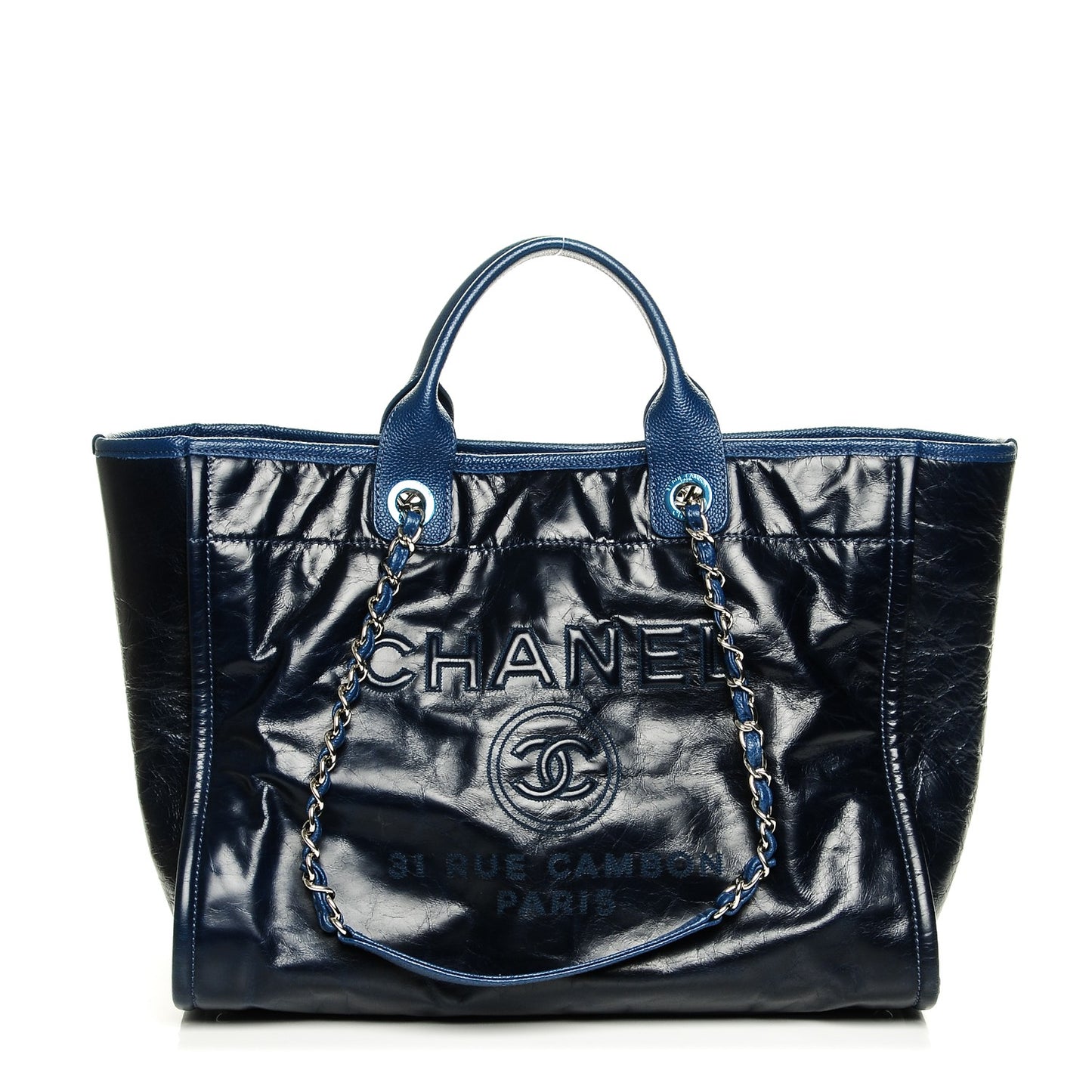 Glazed Calfskin Large Deauville Tote Blue