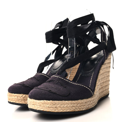 Prada Linen Logo Espadrille 90mm Wedge Sandals 40 Blue 3 of 7