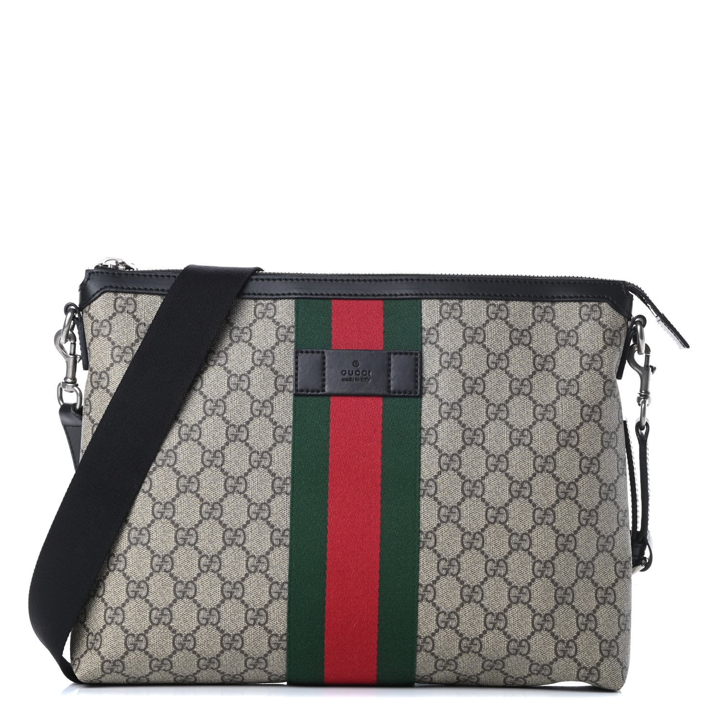 GG Supreme Monogram Calfskin Web Medium Flat Messenger Bag Beige Ebony Black