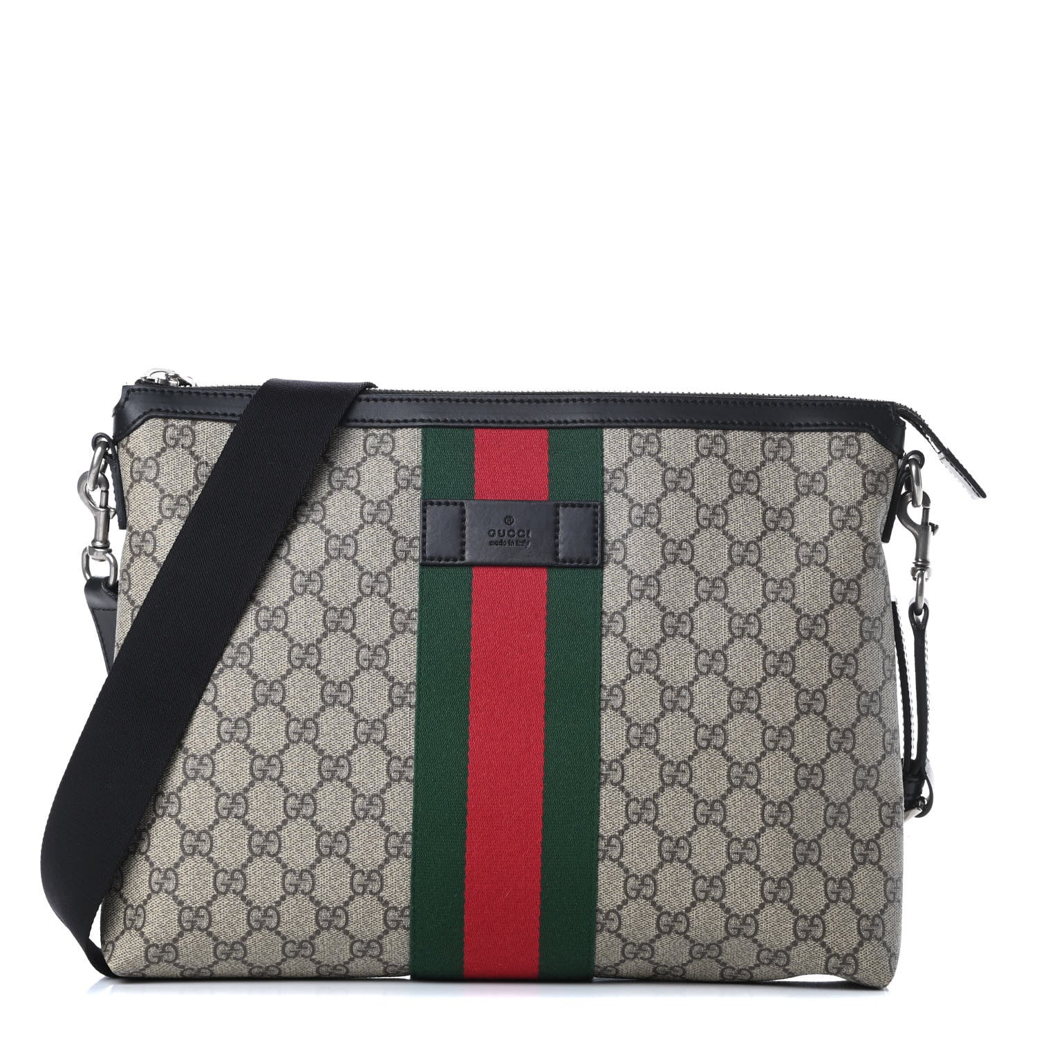 Gucci GG Supreme Monogram Calfskin Web Medium Flat Messenger Bag Beige Ebony Black 1 of 10