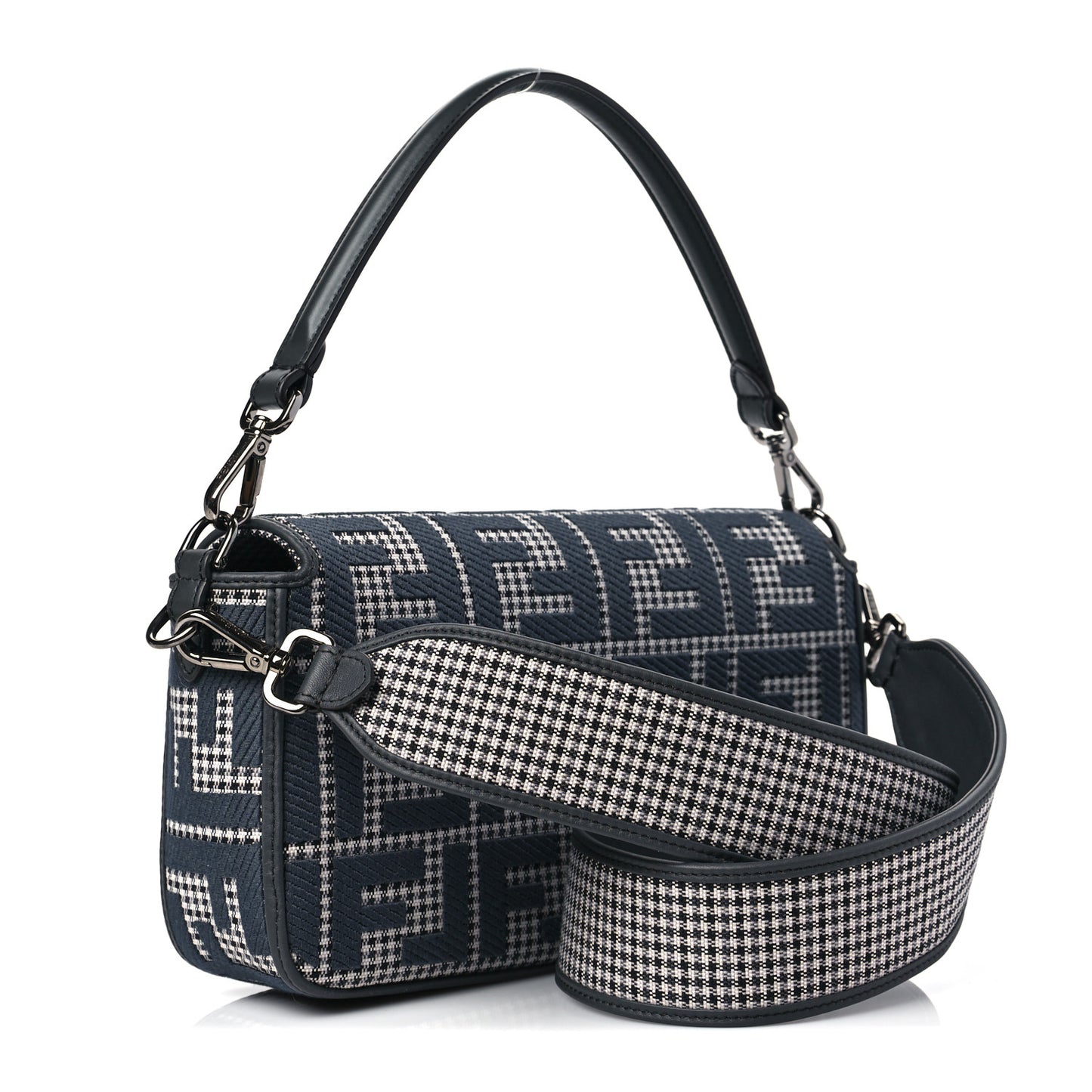 Wool Vitello King Houndstooth FF Embroidered Baguette Grigio Anthracite