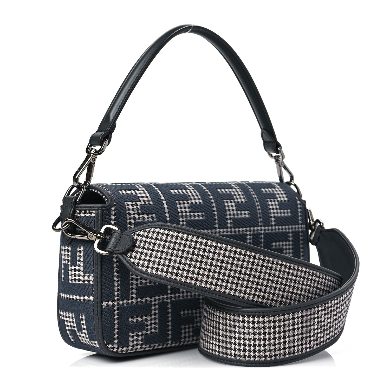 Fendi Wool Vitello King Houndstooth FF Embroidered Baguette Grigio Anthracite 2 of 7