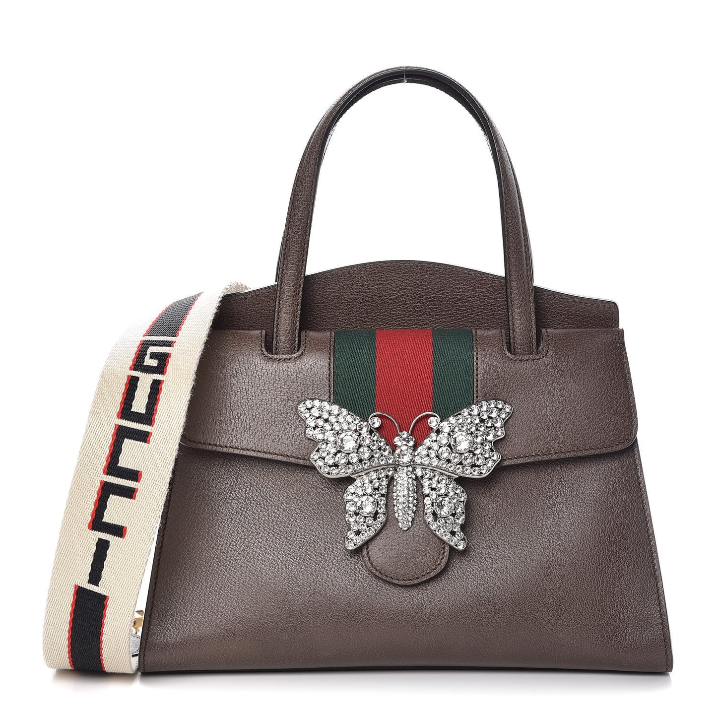 Textured Calfskin Web Crystal Butterfly Stripe Medium Totem Top Handle Bag New Acero
