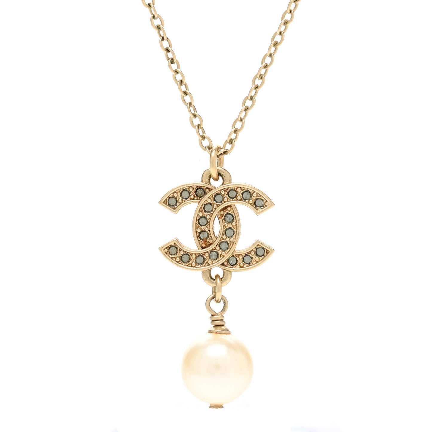 Crystal CC Pearl Drop Necklace Gold
