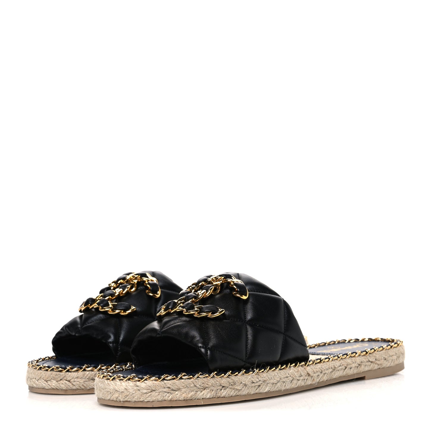 Lambskin Quilted CC Chain Espadrille Mules 40 Black Navy