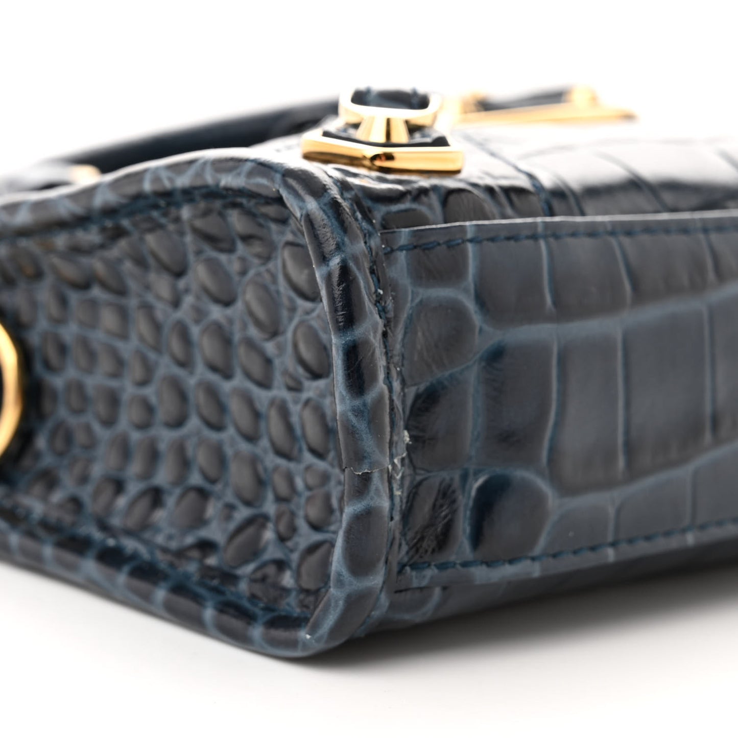 Shiny Supple Calfskin Crocodile Embossed Gold Metallic Edge Hardware Nano City Denim Blue