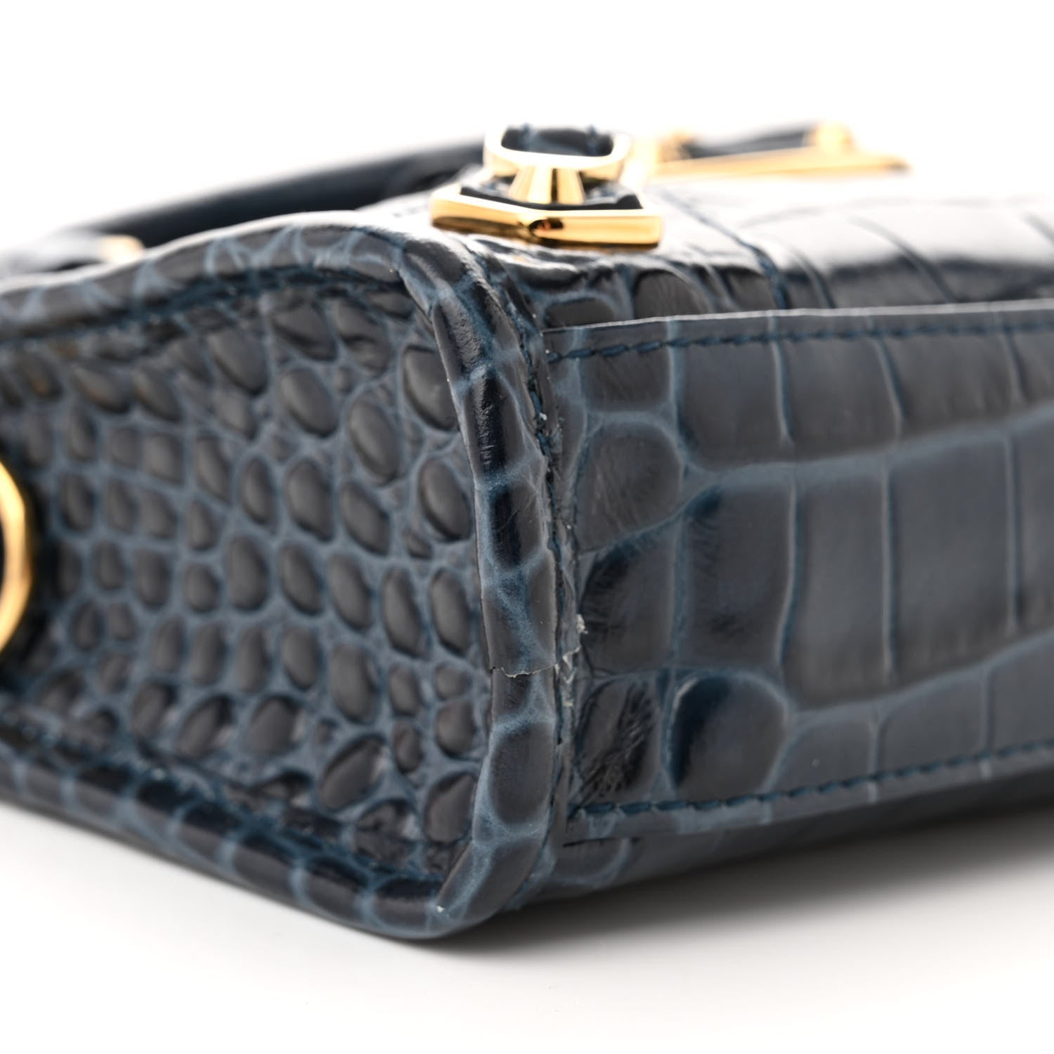 Balenciaga Shiny Supple Calfskin Crocodile Embossed Gold Metallic Edge Hardware Nano City Denim Blue 9 of 11