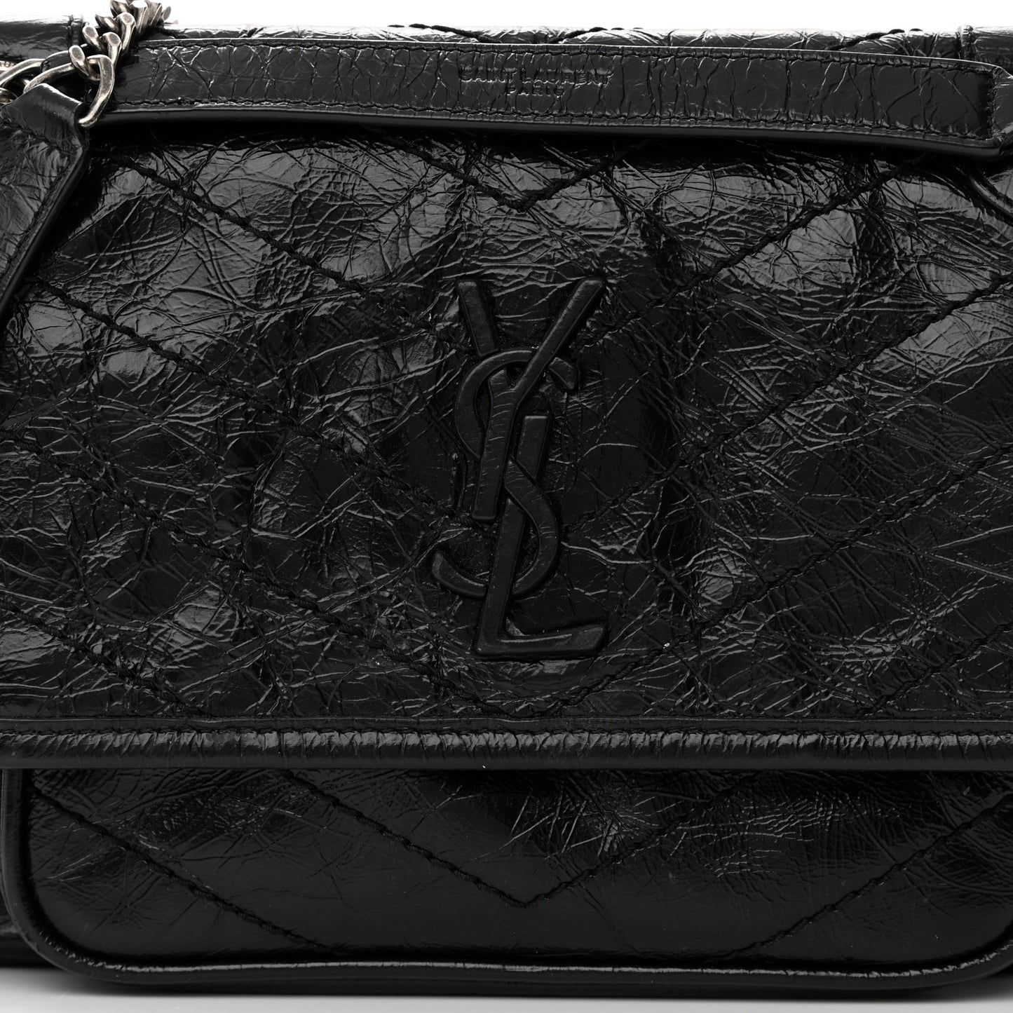 Crinkled Calfskin Matelasse Monogram Baby Niki Chain Satchel Black