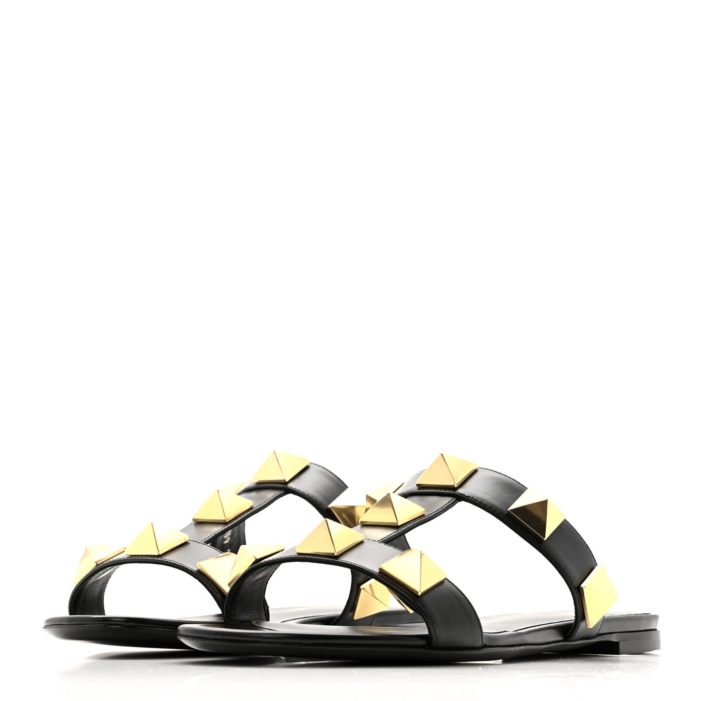 Calfskin Roman Stud Flat Slide Sandals 37 Black
