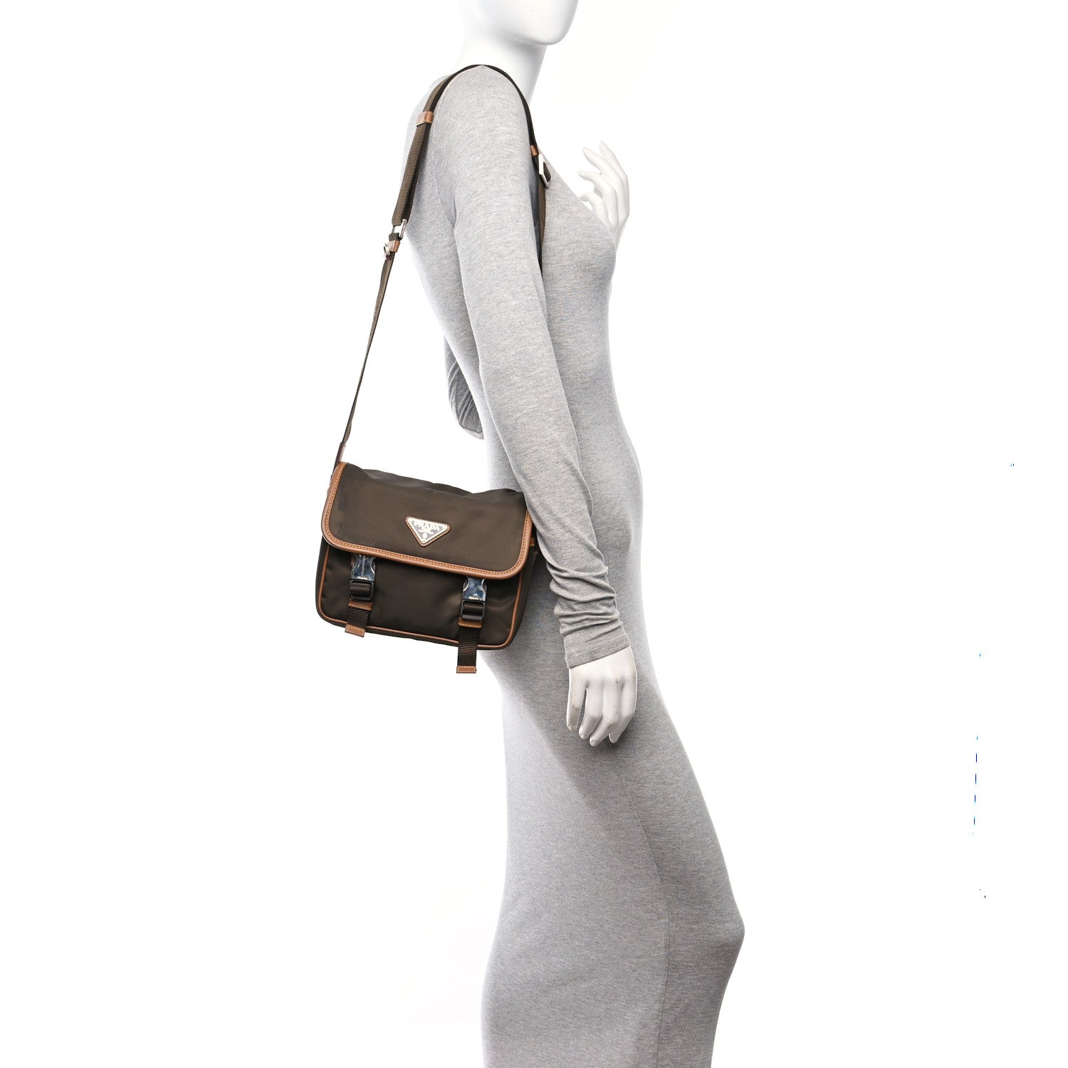 Prada Re-Nylon Saffiano Pocket Double Snap Buckle Shoulder Bag Bruciato Caramel 2 of 12