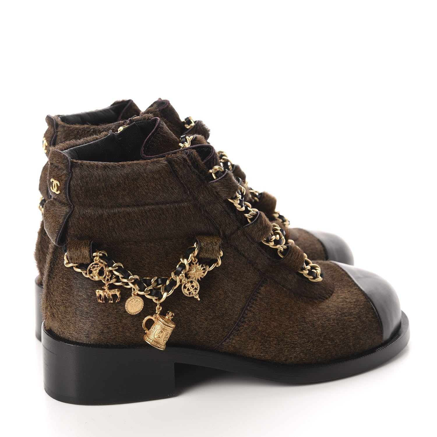 Chanel Calfskin Pony Hair CC Charm Chain Cap Toe Short Boots 36.5 Brown Black 4 of 9