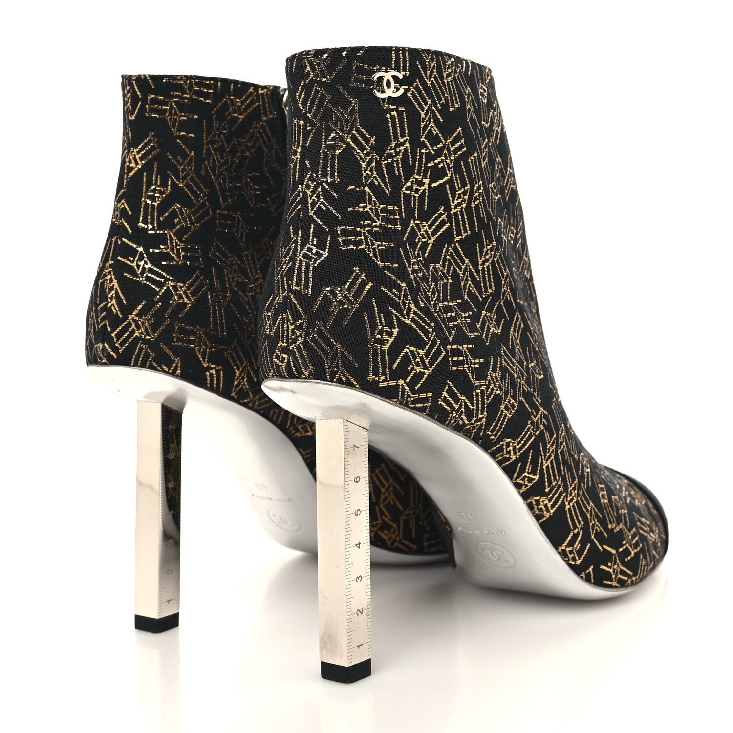 Chanel Tweed Grosgrain Printed Cap Toe Ankle Boots 40 Black Gold 4 of 10