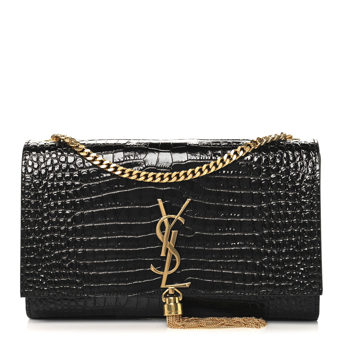 Calfskin Crocodile Embossed Medium Classic Monogram Kate Tassel Satchel Black