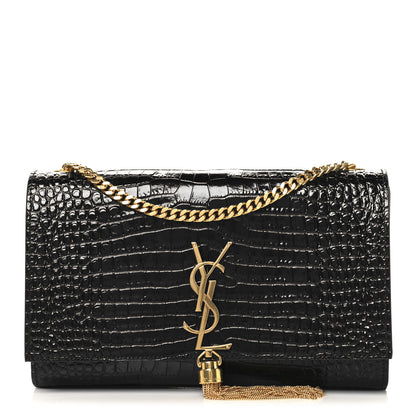 Saint Laurent Calfskin Crocodile Embossed Medium Classic Monogram Kate Tassel Satchel Black 1 of 9