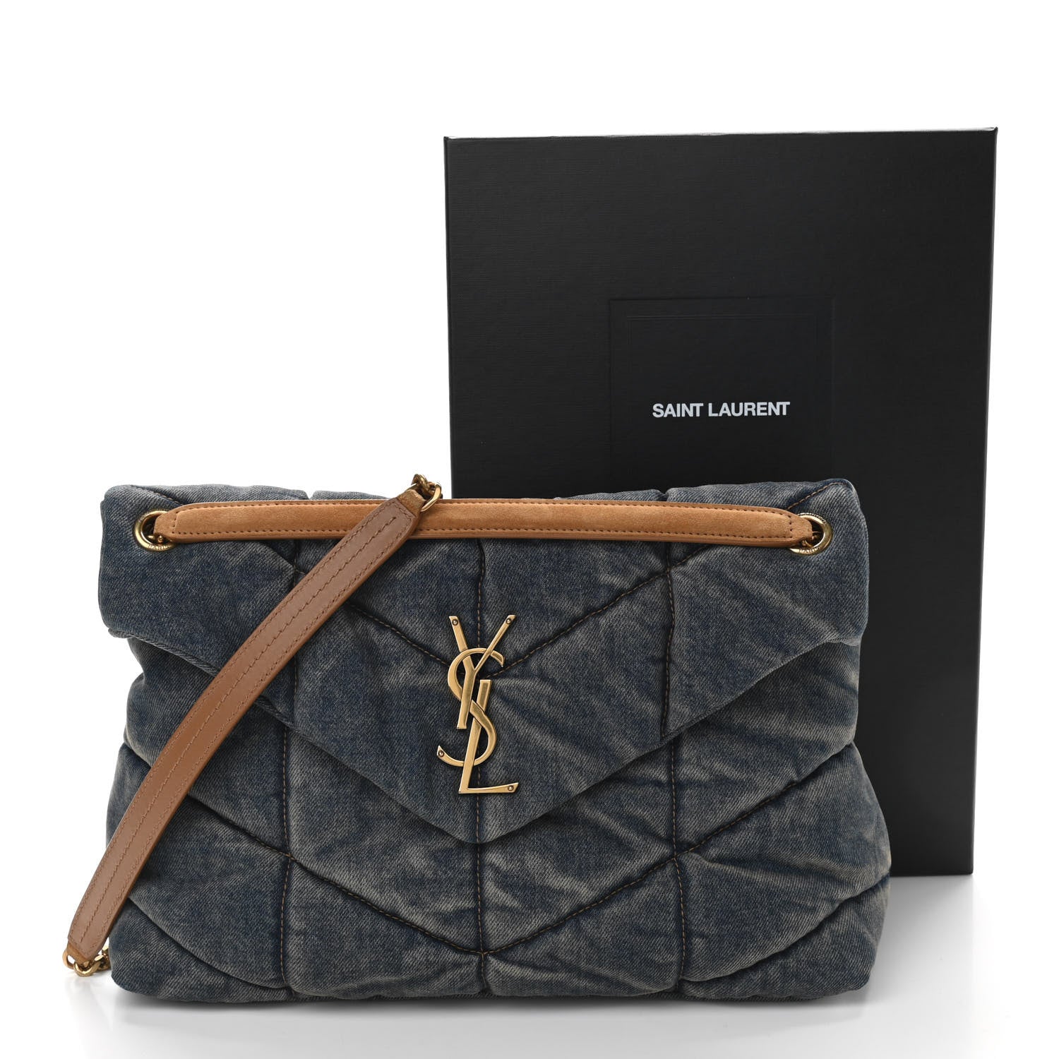 Saint Laurent Denim Quilted Medium Loulou Puffer Monogram Chain Satchel Blue Cinnamon 10 of 10