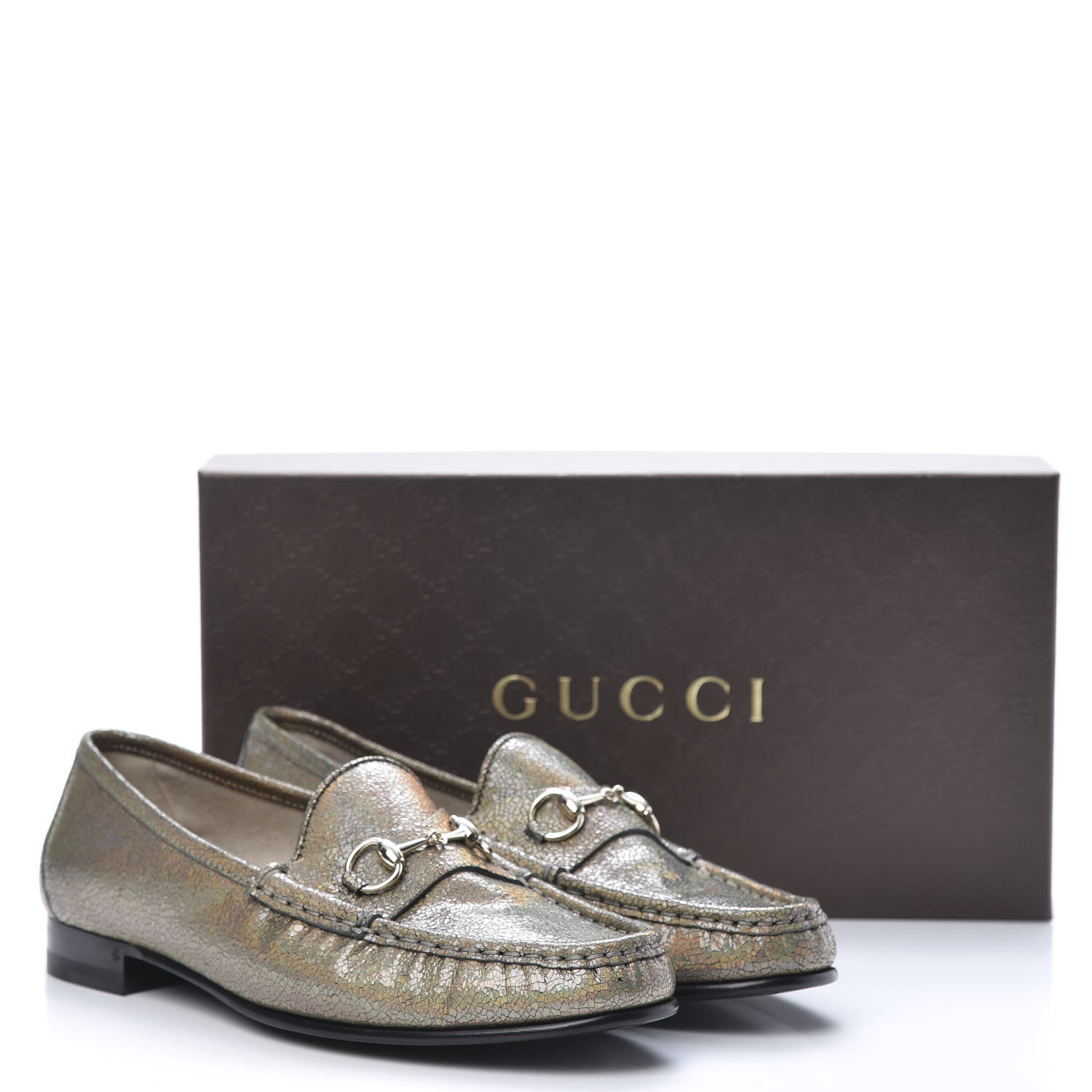 Gucci Metallic Crackled Calfskin Womens 1953 Horsebit Loafers 39 Fawn 9 of 10