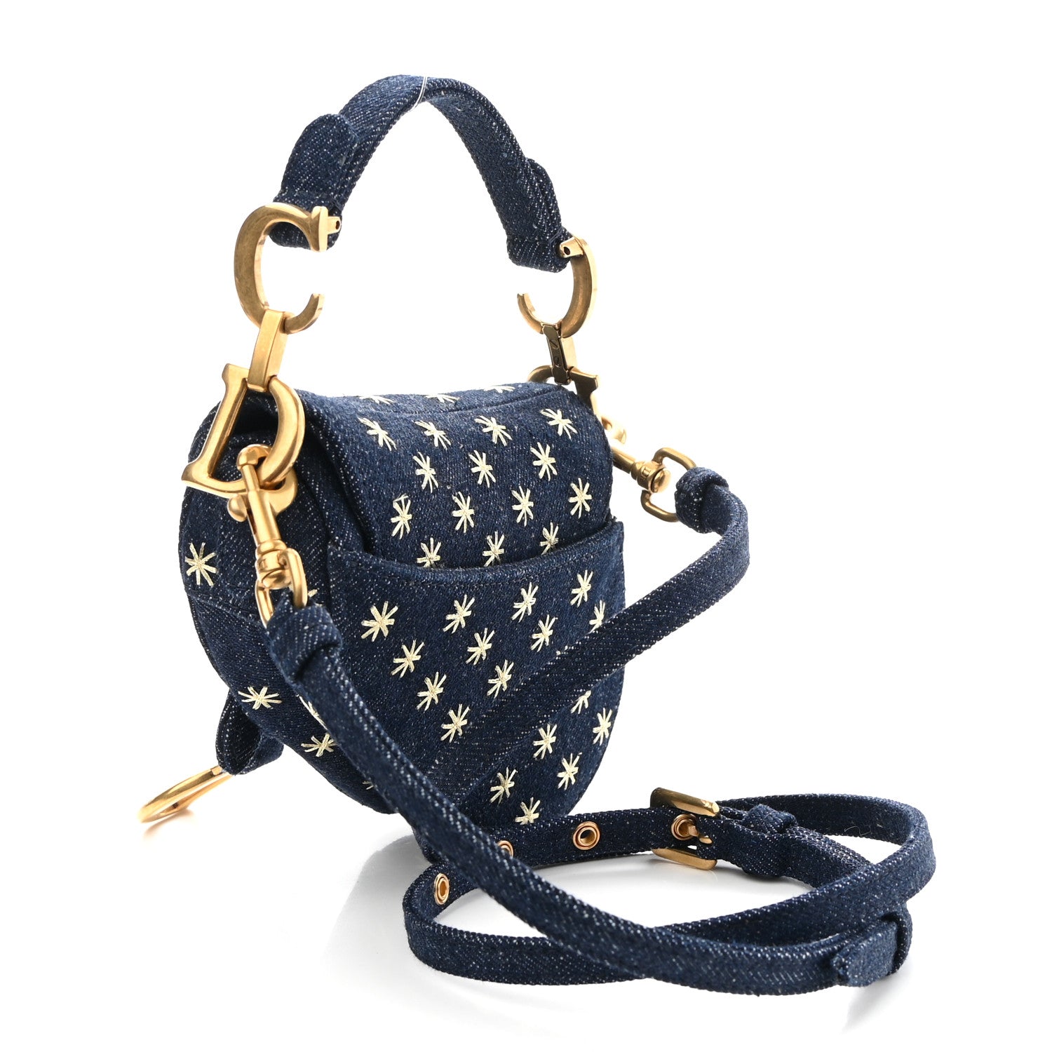 Christian Dior Denim Embroidered Micro Saddle Bag With Strap Blue Gold 3 of 9