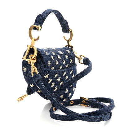 Christian Dior Denim Embroidered Micro Saddle Bag With Strap Blue Gold 3 of 9