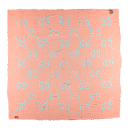Gucci Modal Silk GG Writers Fringe Shawl Old Rose Sky Blue 1 of 3