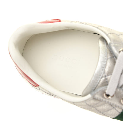 Gucci Laminated Nappa Crystal Web Bee Embroidered Trapuntata Womens Ace Platform Sneakers 38.5 Argento 12 of 16