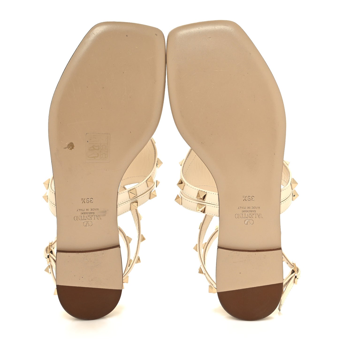 Calfskin Rockstud Ankle Wrap Flat Thong Sandals 39.5 Light Ivory
