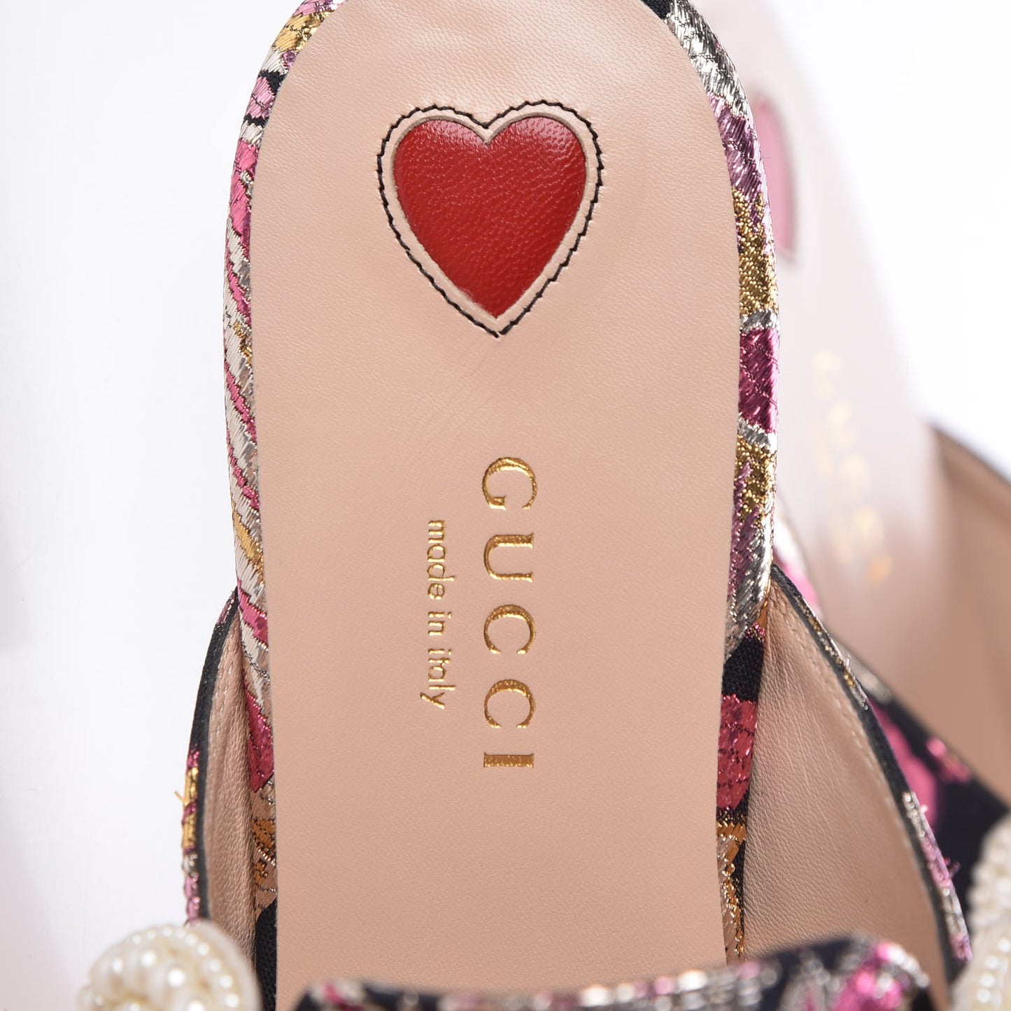 Iridescent Brocade Pearl Bow Womens Princetown Slippers 35.5 Black Pink