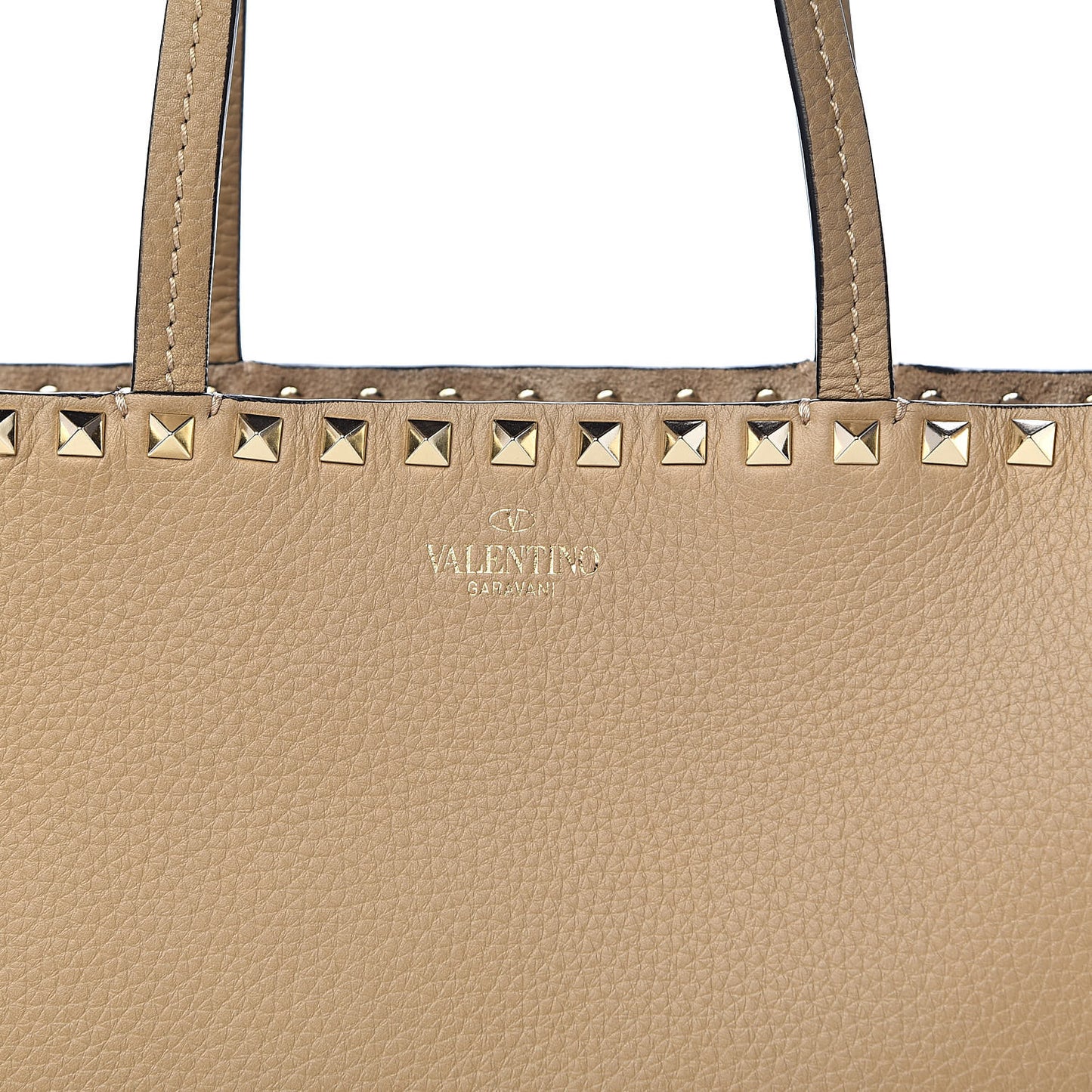 Grained Calfskin Small Rockstud Shoulder Tote Beige
