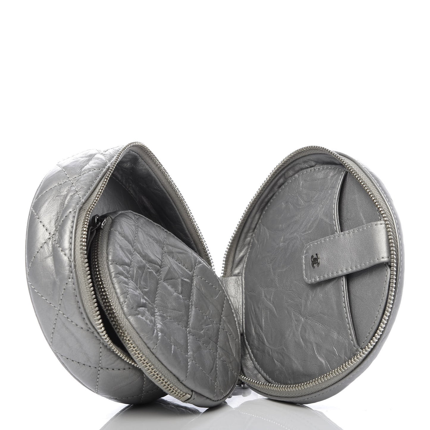 Metallic Aged Calfskin Quilted Round Bag Silver