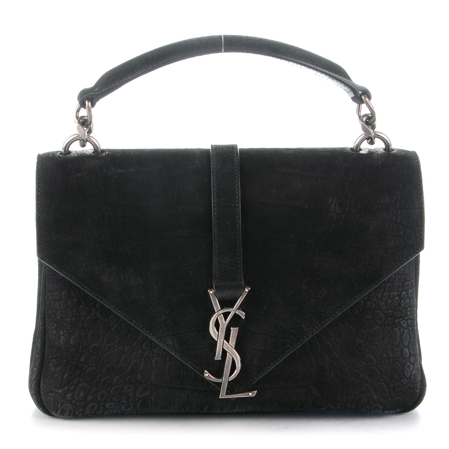 Saint Laurent Crocodile Embossed Nubuck Monogram Medium College Satchel Black 1 of 9
