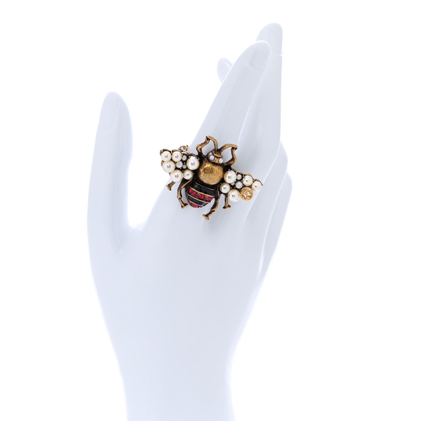 Metal Crystal Pearl Bee Ring M Aged Gold