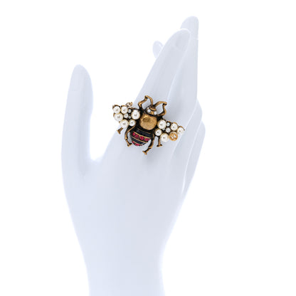 Gucci Metal Crystal Pearl Bee Ring M Aged Gold 2 of 4