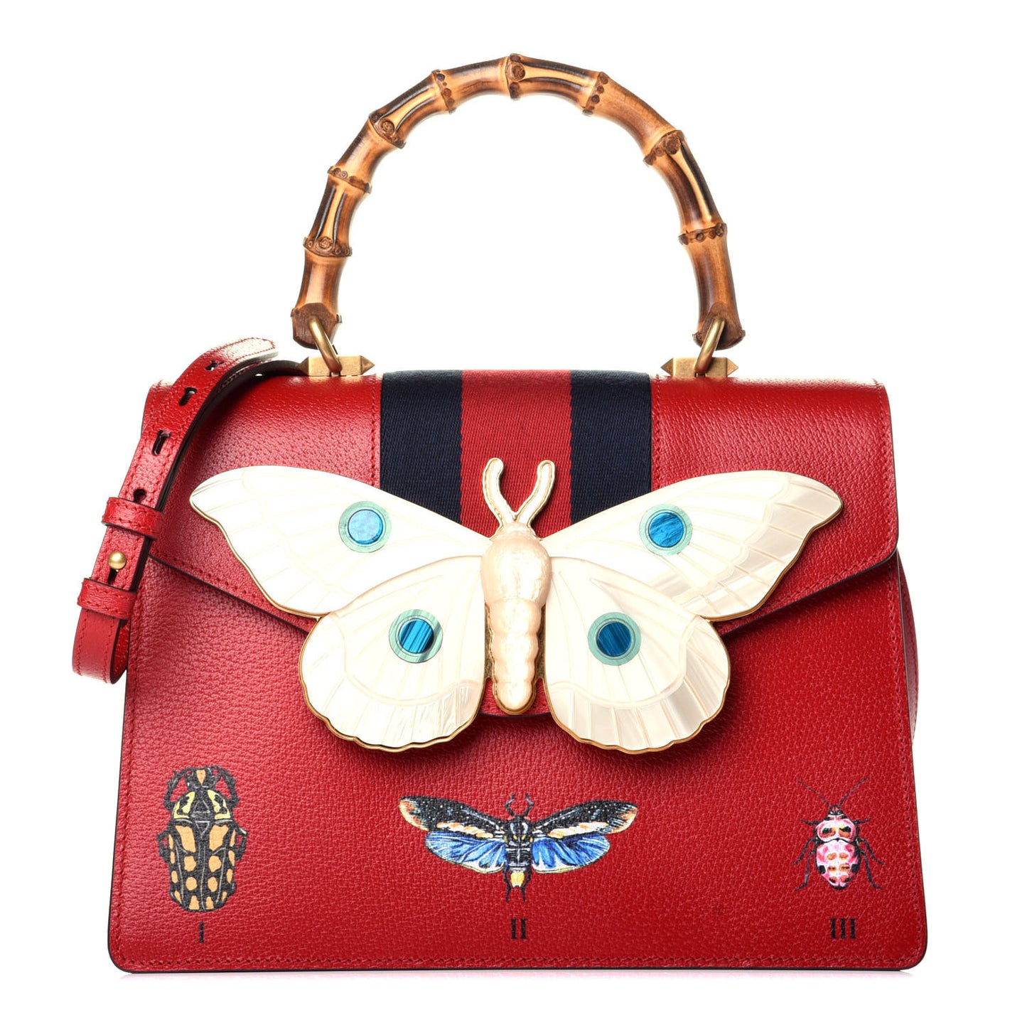 Calfskin Bamboo Web Medium Falena Moth Top Handle Bag Hibiscus Red