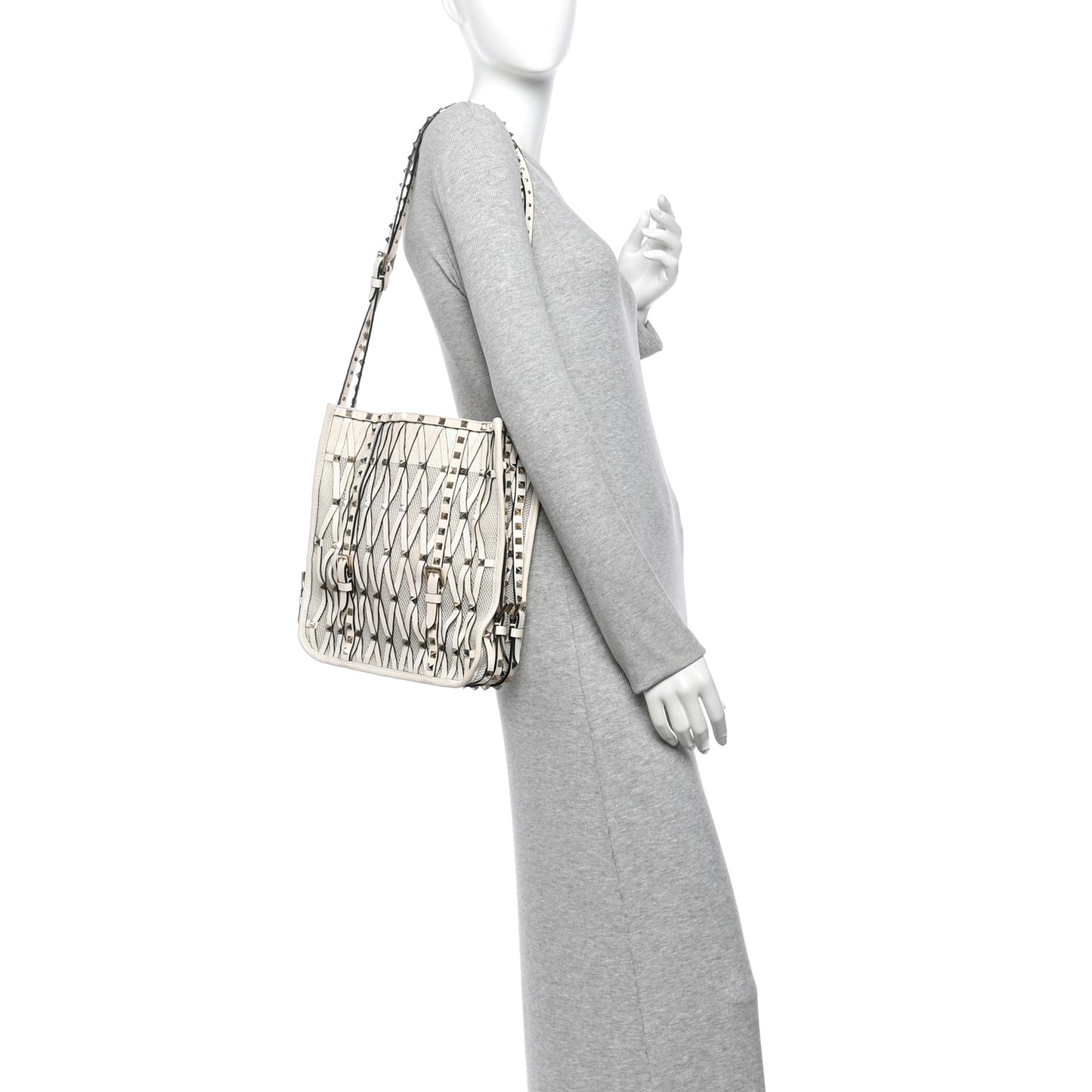 Vitello Rockstud Mesh Net Shopper Tote White