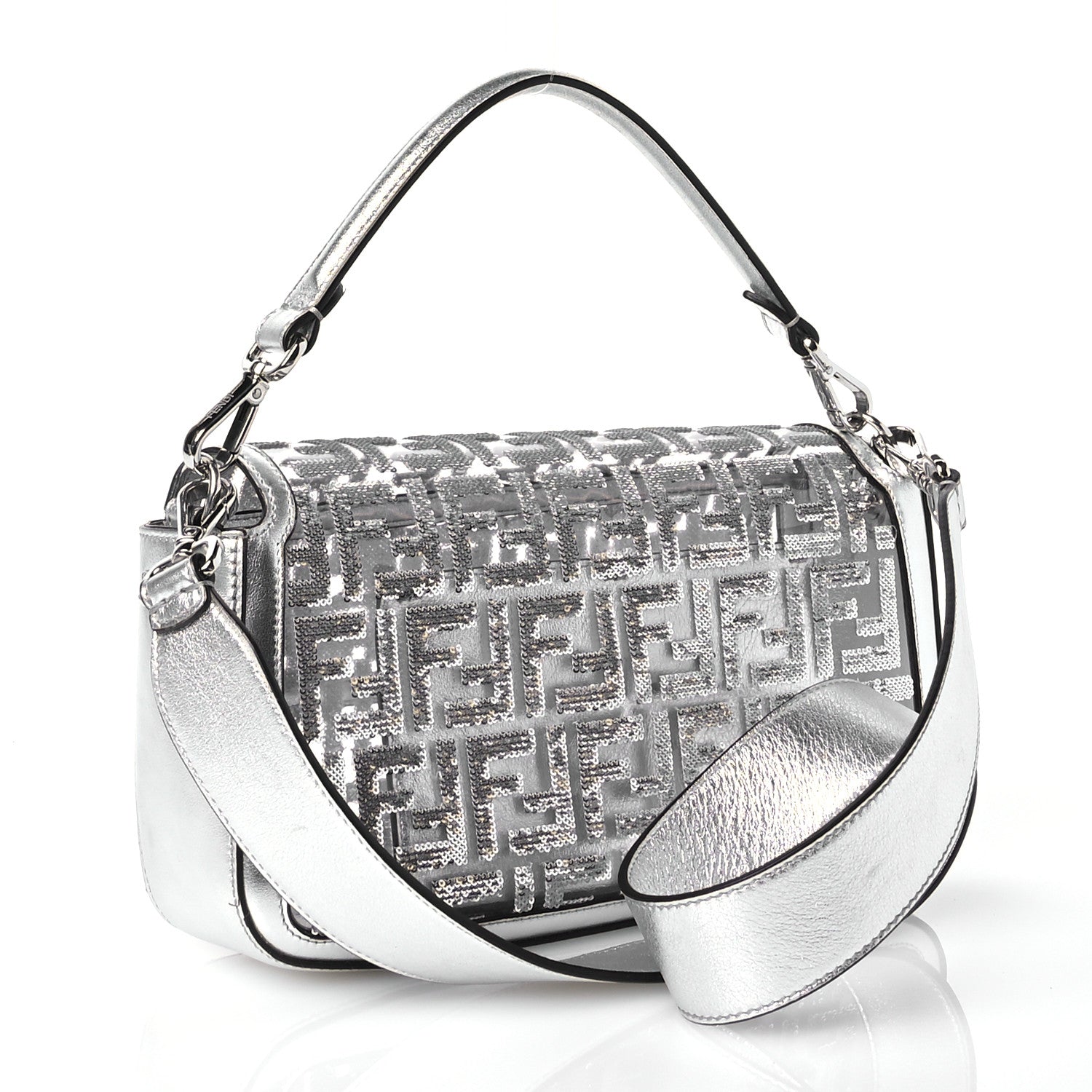 Fendi PVC Vitello Catalan Mirror Sequin FF Baguette Argento 3 of 11