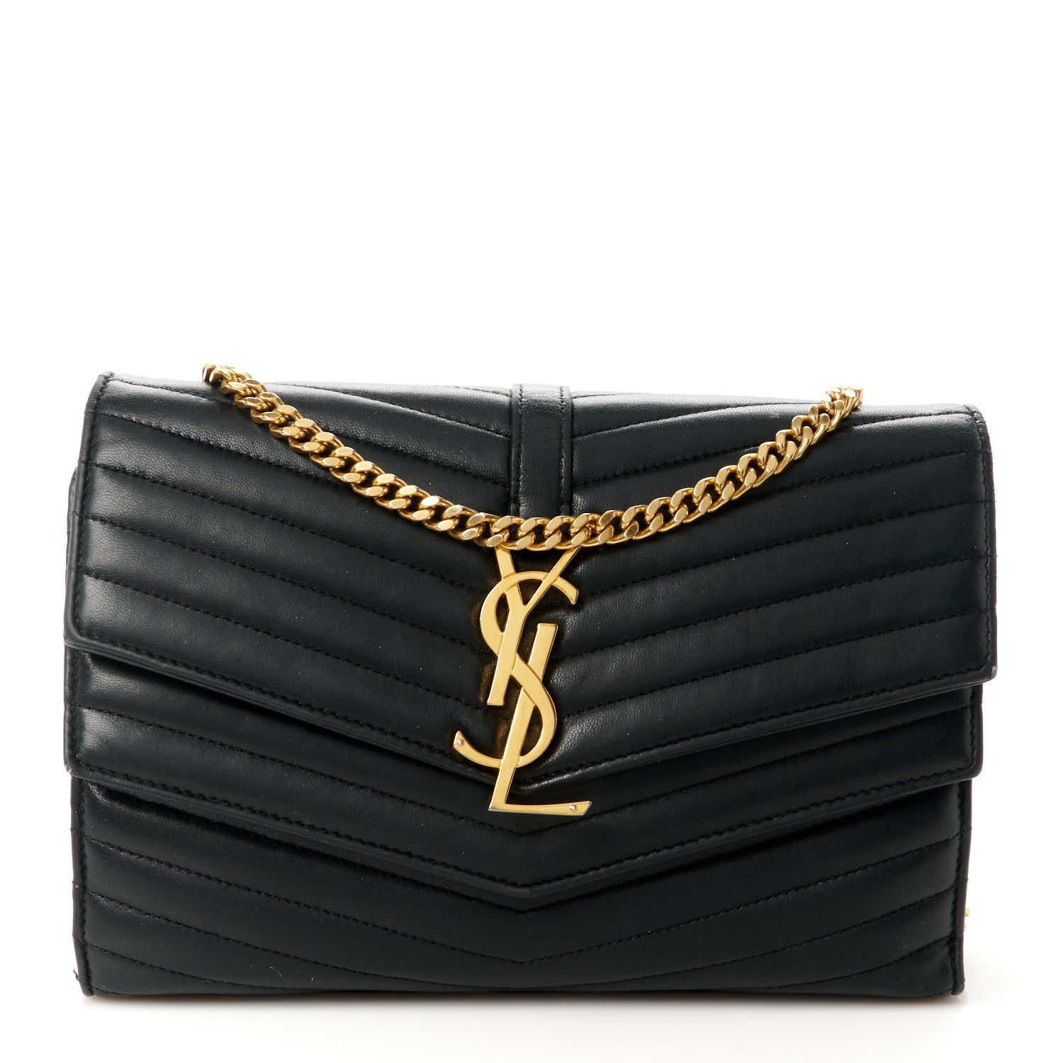 Saint Laurent Lambskin Matelasse Chevron Monogram Sulpice Chain Wallet Black 1 of 12