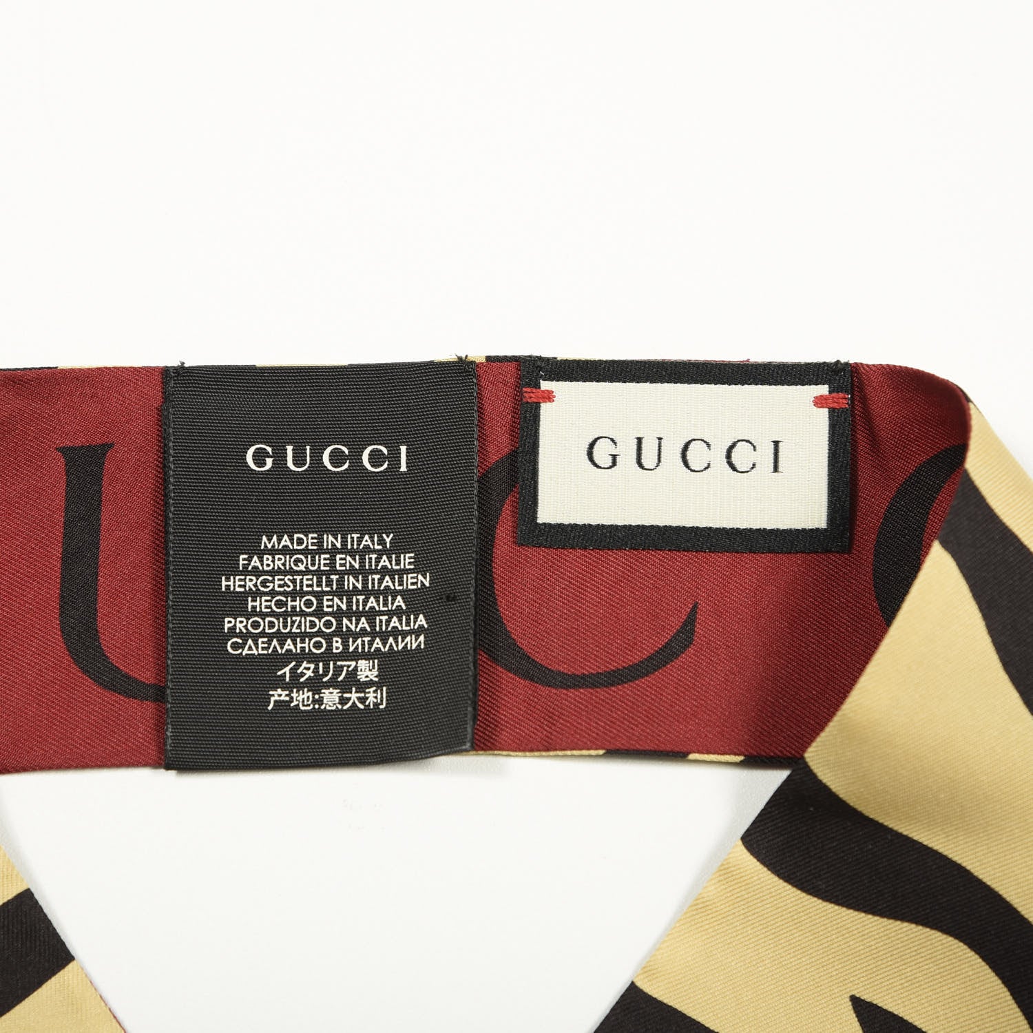 Gucci Silk Twill Tiger Print Logo Neck Bow Scarf Yellow Red 2 of 5