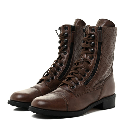 Chanel Sheepskin Quilted CC Tall Lace Up Combat Boots 41 Dark Brown 3 of 14