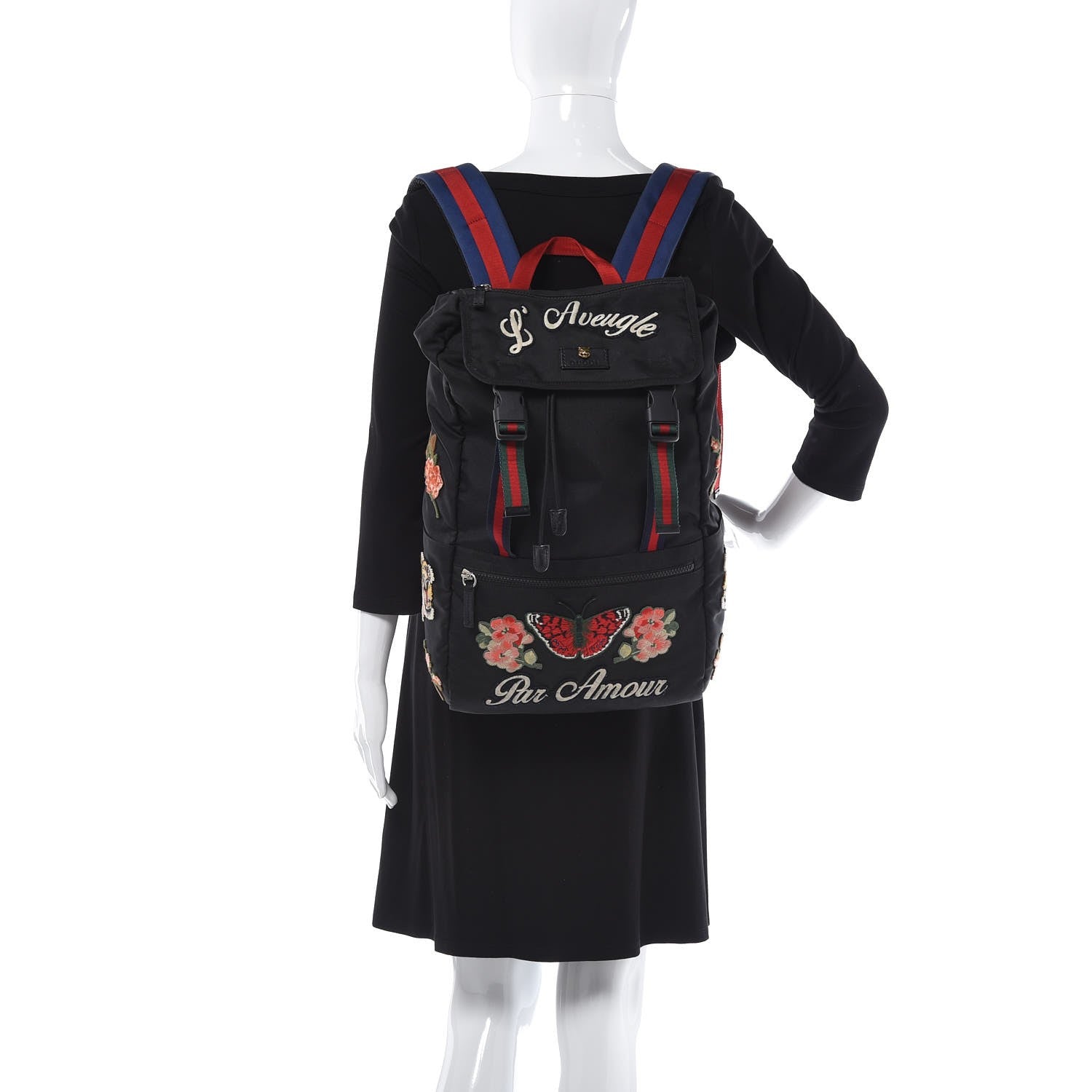 Gucci Techno Canvas Web L'Aveugle Par Amour Embroidered Double Buckle Backpack Black 2 of 8