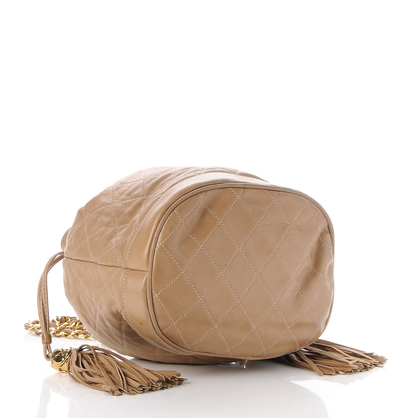 Lambskin Quilted Tassel Drawstring Pouch Beige
