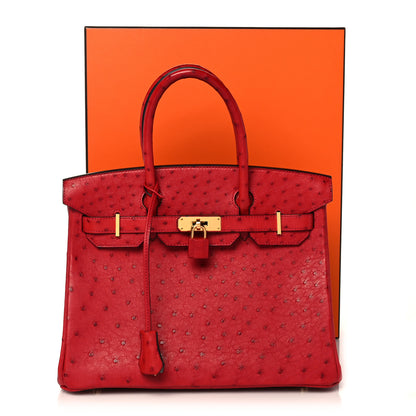 Hermes Ostrich Horseshoe Birkin 30 Rouge Vif Bleu Glacier 34 of 34