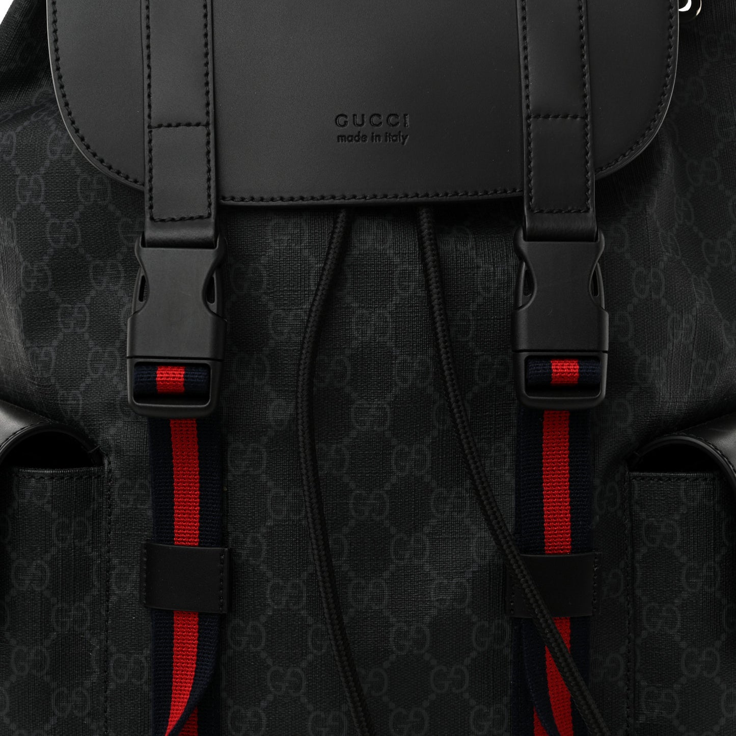 Soft GG Supreme Monogram Calfskin Web Double Buckle Backpack Black