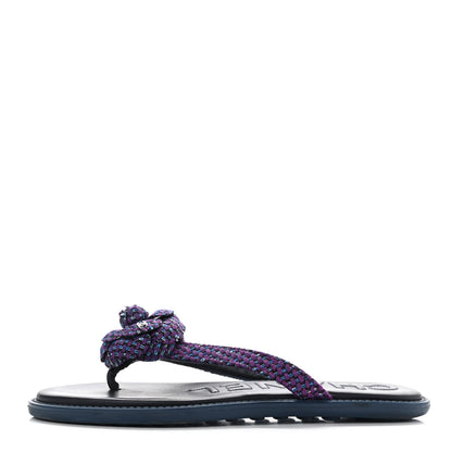 Chanel Tweed Quilted Camellia Thong Sandals 39 Purple Blue Black 1 of 10