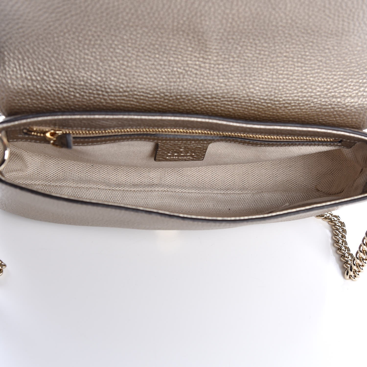Gucci Metallic Pebbled Calfskin Medium Soho Flap Crossbody Golden Beige 5 of 7