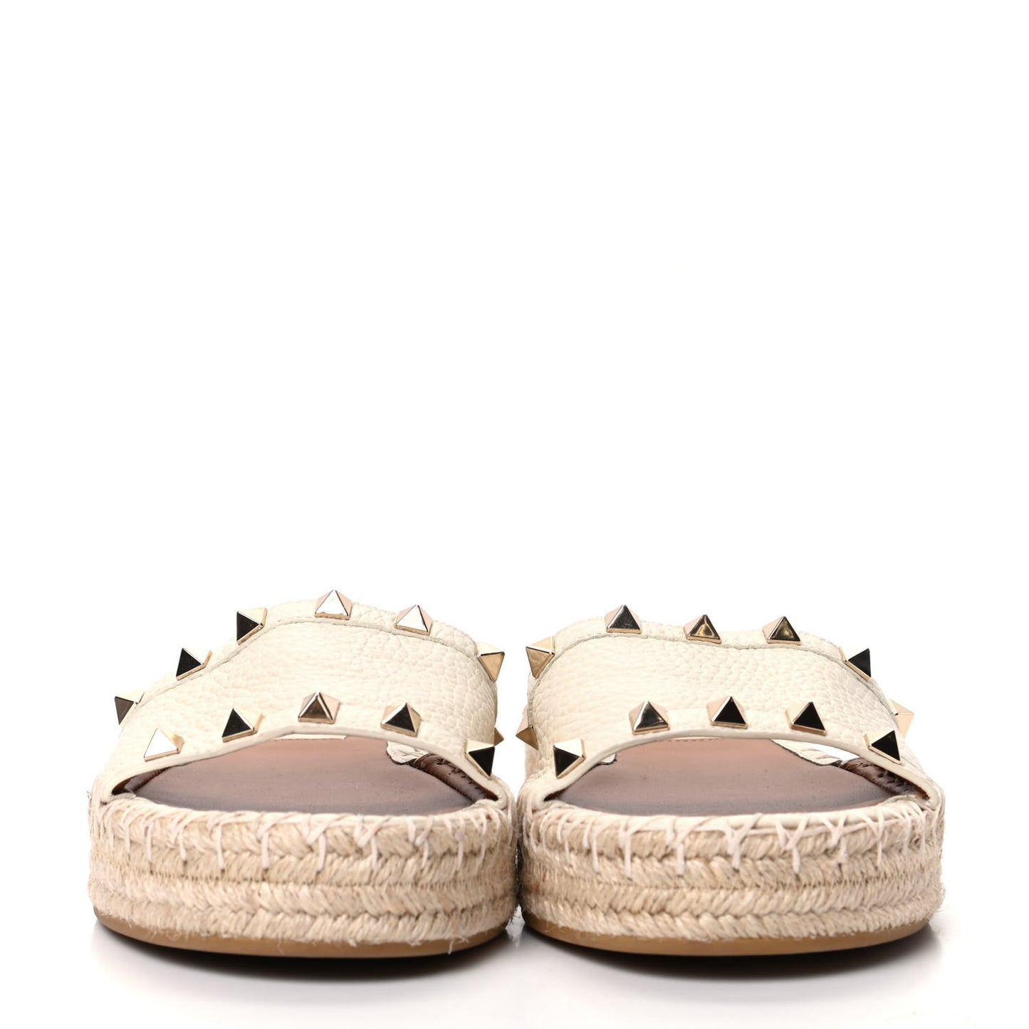 Grained Calfskin Rockstud Espadrille Flat Slide Sandals 35 Ivory