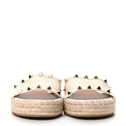 Valentino Garavani Grained Calfskin Rockstud Espadrille Flat Slide Sandals 35 Ivory 2 of 7