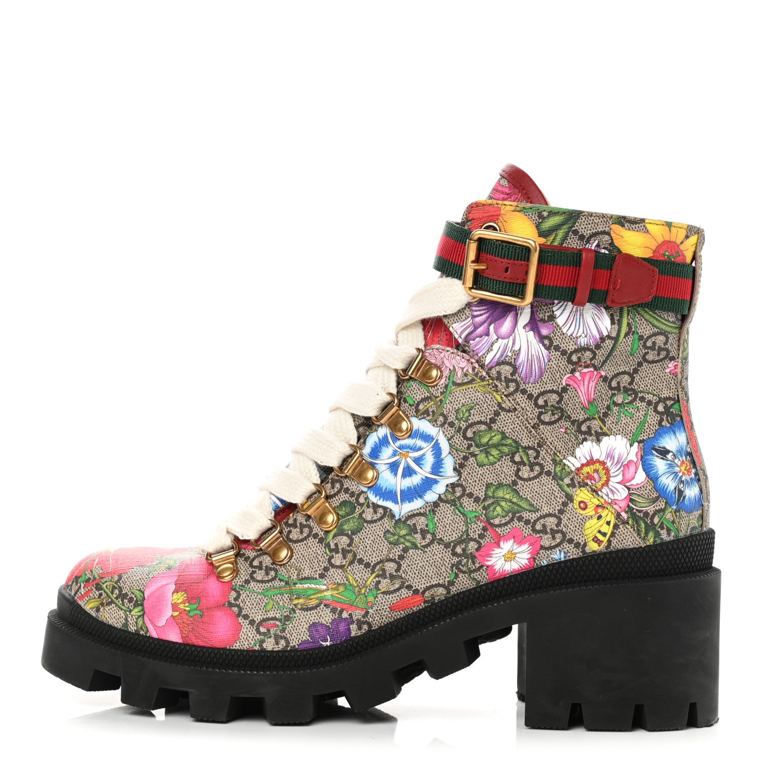 Gucci GG Supreme Monogram Flora Lace Up Combat Ankle Boots 39 Beige Multicolor Red 1 of 9
